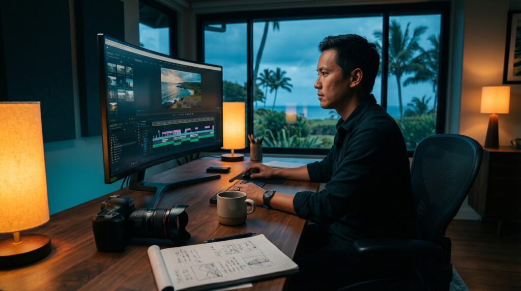 Videographer working at a professional video editing workstation with a cinematic timeline on screen, studio desk setup with camera and tropical light in the background.