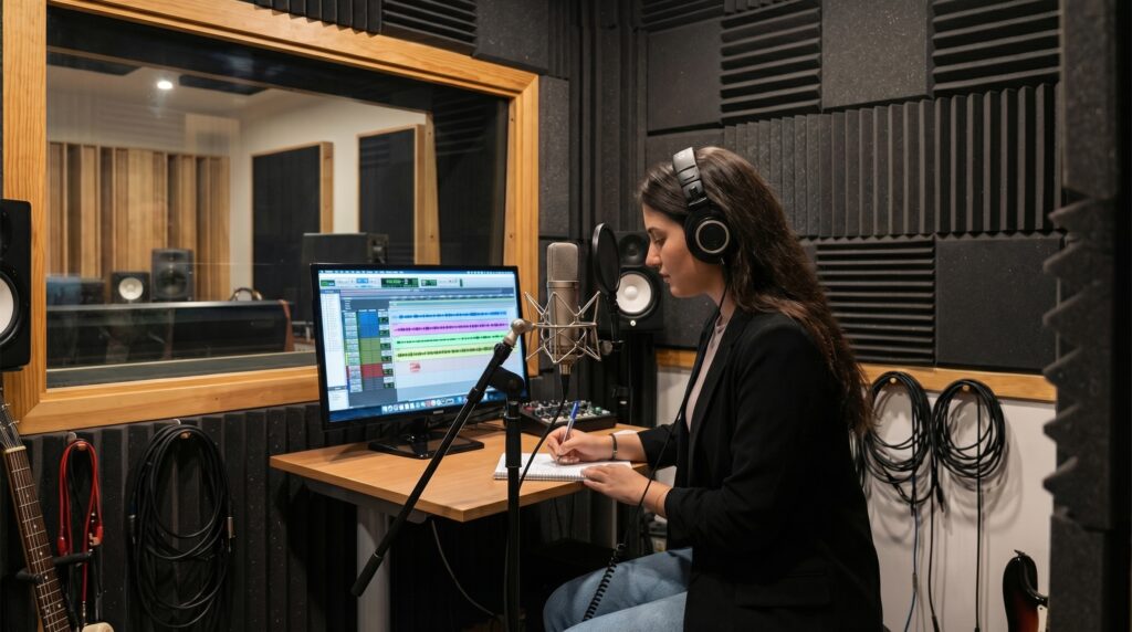 Woman recording audio in a professional soundproof studio using a condenser microphone, headphones, and digital audio workstation for content creation